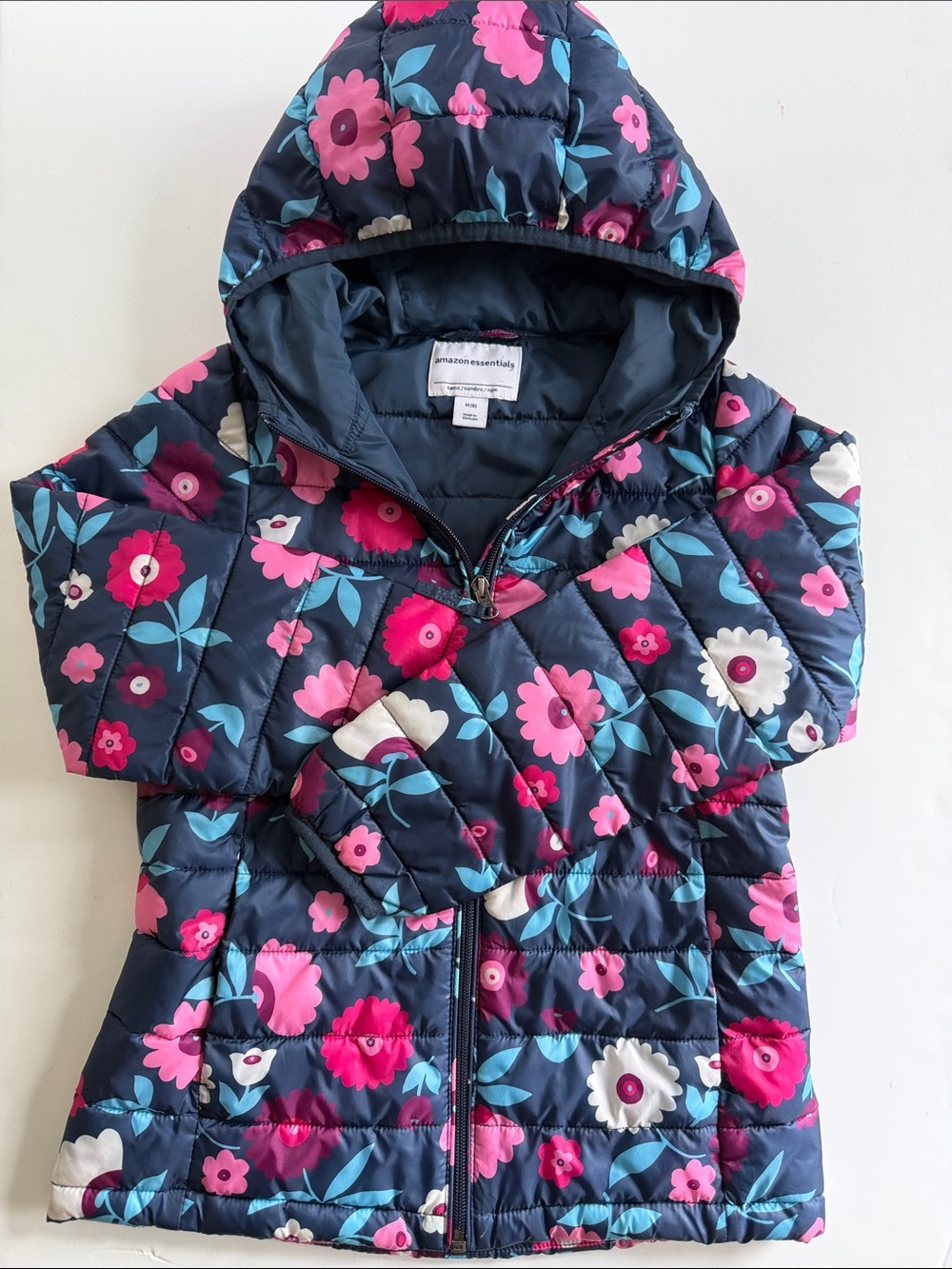 Amazon Essentials Navy Floral Hooded Puffer Jacket with Pink & Teal Flowers